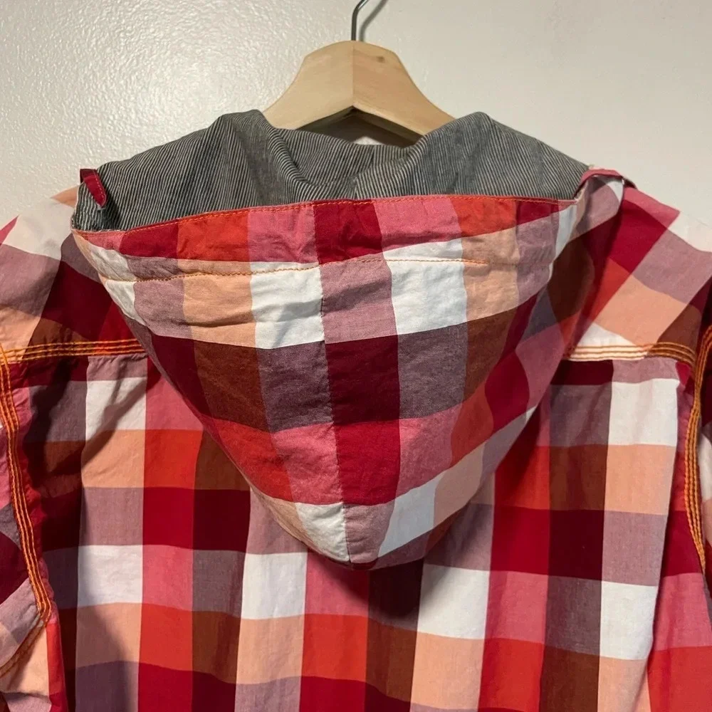 Tanjim Red & Orange Checked Plaid Hooded Button  Up Shirt Jacket - Size Large - Picture 10 of 11